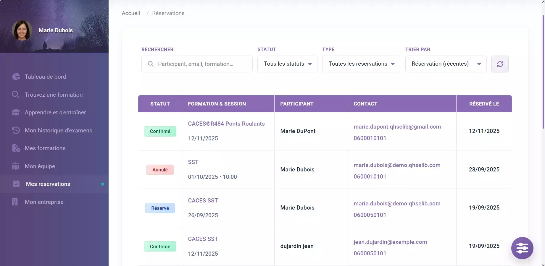 Statuts de réservation